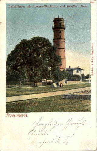 Travemünde, Leuchttutm mit Lootsen-Wachthaus und 800 Jähr. Ulme