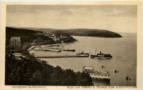 Seebad Glücksburg, Blick auf Strand u. Föhrde vom Aussichtsturm