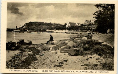 Seebad Glücksburg, Blick auf Landungsbrücke, Badeanstalten u. Kurhaus