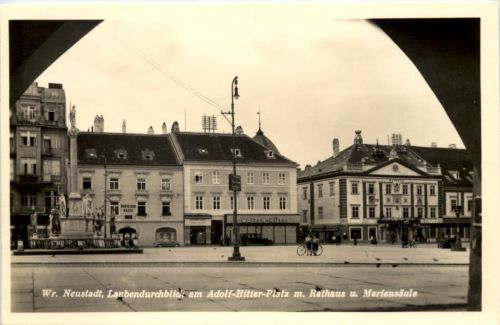 Wr. Neustadt, Laubendurchblick am Adolf-Hitler-Platz m. Rathaus u. Marie