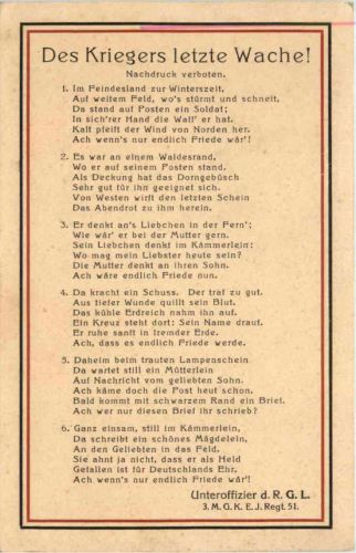 Soldatenlied - Des Kriegers letzte Wache - Feldpost Württ. Ersatz Inf Regt. 51
