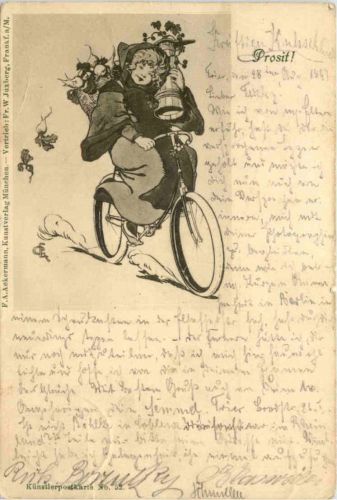 Frau auf Fahrrad - Künstler AK