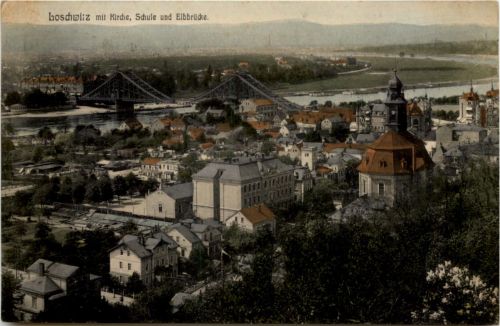 Dresden, -Loschwitz, mit Kirche, Schule und Elbbrücke