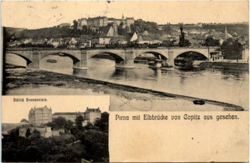 Pirna, mit Elbbrücke von Copitz aus gesehen