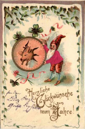 Zwerg - Schwein - Neujahr - Prägekarte