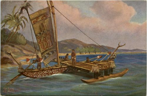 Boot mit Ausleger von den Hermitinseln - Künstler AK Rave