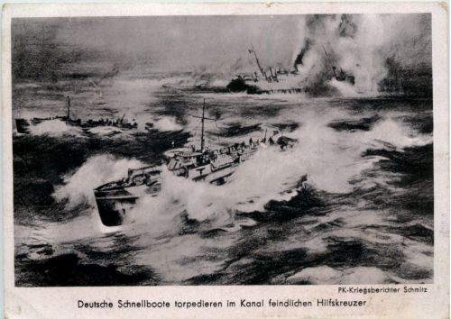 Deutsche Schnellboote torpedieren im Kanal feindliche Hilfskreuzer