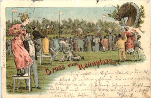 Gruss vom Rennplatz - Pferderennen - Litho