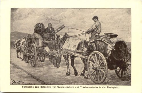 Fuhrwerke zum Befördern von Weinlesezubern in Rheinpfalz