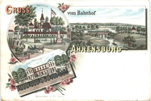 Gruss vom Bahnhof Ahrensburg - Litho