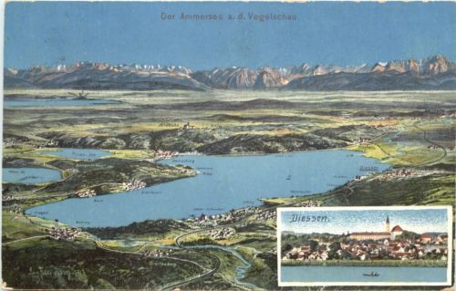 Der Ammersee aus der Vogelschau Diessen - Künstler Ak Eugen Felle