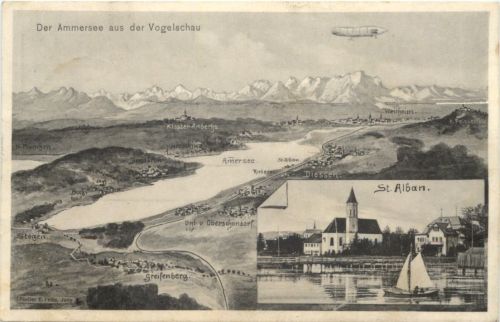 Gruss vom Ammersee aus der Vogelschau - St. Alban - Künstler Ak Eugen Felle