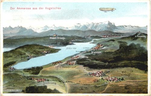 Der Ammersee aus der Vogelschau - Künstler Ak Eugen Felle
