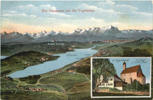 Am Ammersee aus der Vogelschau - Schondorf - Künstler Ak Eugen Felle