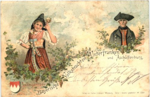 Volkstrachten Unterfranken und Schaffenburg - Litho