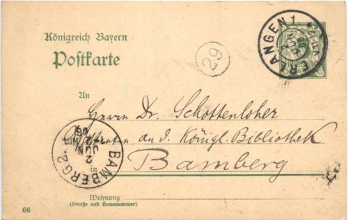 Ganzsache gelaufen in Erlangen 1906