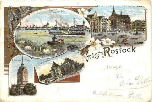 Gruss aus Rostock - Litho - Bahnpost