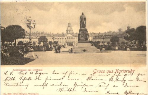 Gruss aus Karlsruhe Schlossplatz mit Denkmal