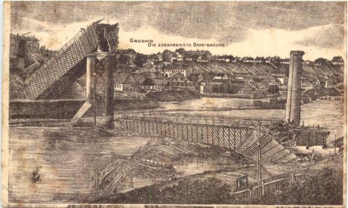 Grodno - Die zerstörtre Bahnbrücke - Feldpost