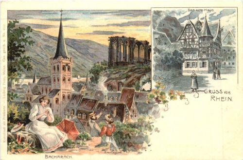 Bacharach - Gruss vom Rhein - Litho