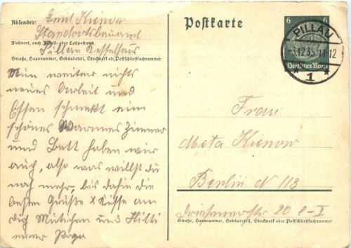 Ganzsache gelaufen in Pillau 1935