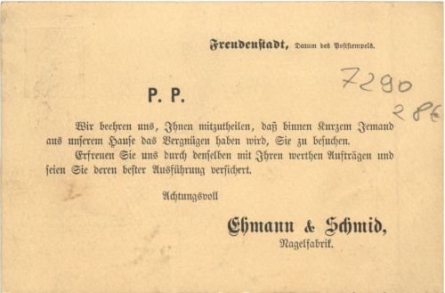 Freudenstadt - Nagelfabrik Ehmann & Schmid - Ganzsache 1888