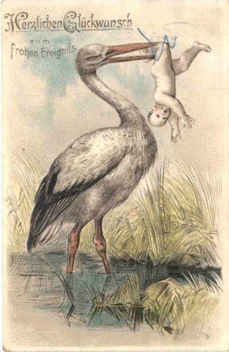 Geburt - Kind mit Storch - Prägekarte