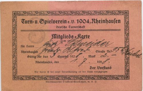 Rheinhausen - Turn- und Spielverein 1904 - Mitglieds-Karte Duisburg