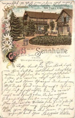 Gruss von der Sennhütte bei Pyrmont - Litho