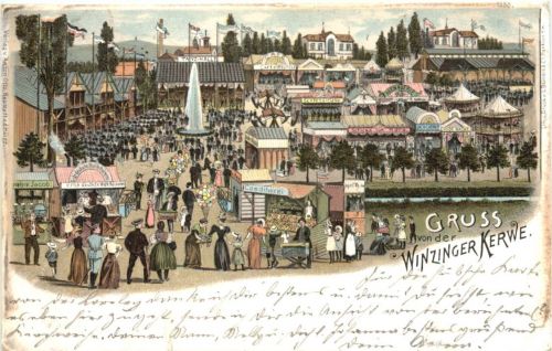 Gruss von der Winzinger Kerwe - Jahrmarkt - Litho - Neustadt Weinstrasse