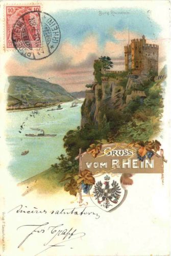 Burg Rheinstein - Gruss vom Rhein - Litho