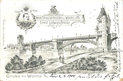 Gruss aus Worms - Neue Strassenbrücke - Litho