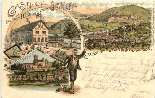 Gruss aus Neckarsteinach - Litho - Gasthof zum Schiff