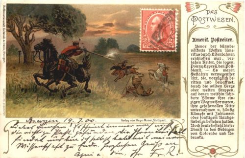 Das Postwesen - Amerikanischer Postreiter - Briefmarken - Litho