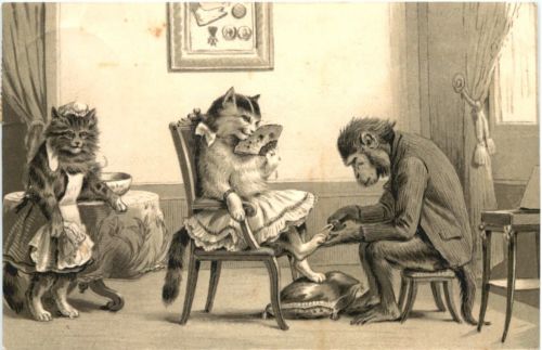 Affe mit Katzen - Litho Prägekarte