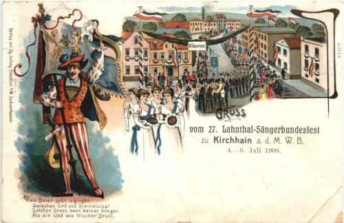 Kirchhain - Gruss vom 27. Lahntal Sängerbundesfest 1908 - Litho