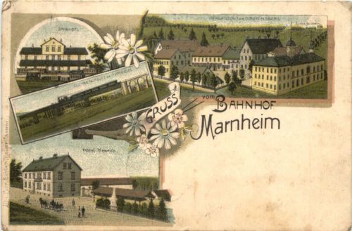 Gruss vom Bahnhof Marnheim - Litho