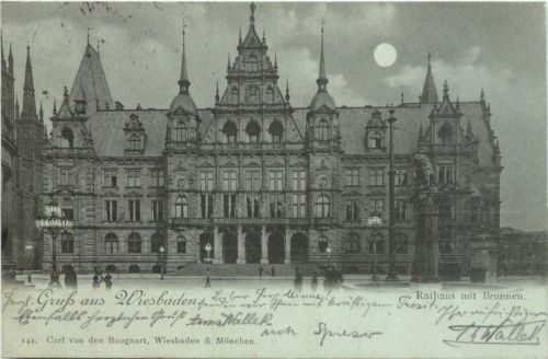 Gruss aus Wiesbaden - Rathaus mit Brunnen