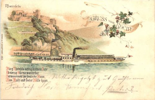 Gruss vom Rhein - Rheinfels mit Dampfer Hansa - Litho