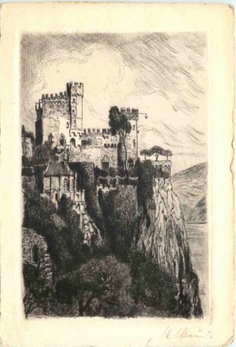 Bacharach Burg Rheinstein - Radierung