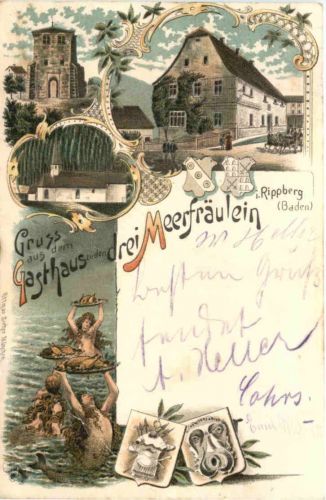 Rippberg Baden - Gruss aus dem Gasthaus zu den 3 Meerfräulein - Litho - Walldürn