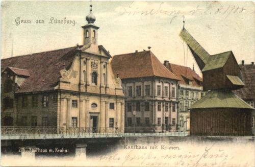Gruss aus Lüneburg - Kaufhaus mit Kranen