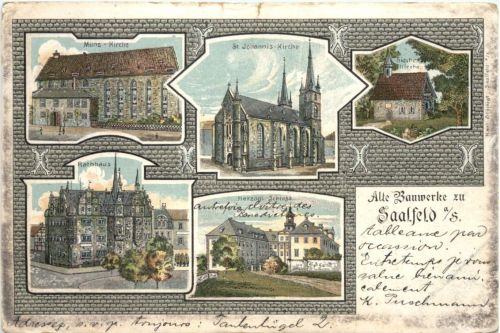 Alte Bauwerke zu Saalfeld a. Saale - Litho