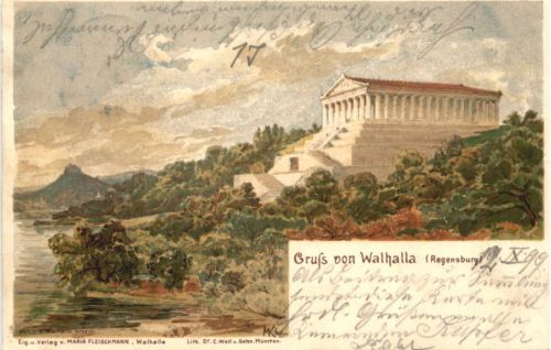 Regensburg - Gruss von Walhalla - Litho