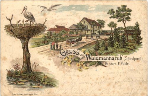 Gruss von Waidmansruh Storchnest - Litho