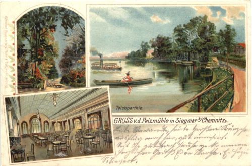 Gruss von der Pelzmühle in Siegmar bei Chemnitz - Litho