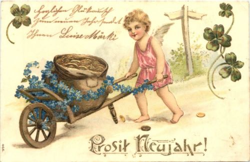 Neujahr - Geld auf Ansichtskarte - Prägekarte