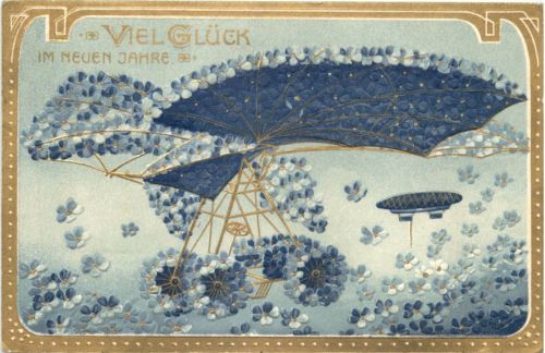 Neujahr - Flugzeug - Prägekarte