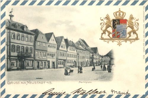 Gruss aus Neustadt a. S. - Marktplatz - Litho Prägekarte