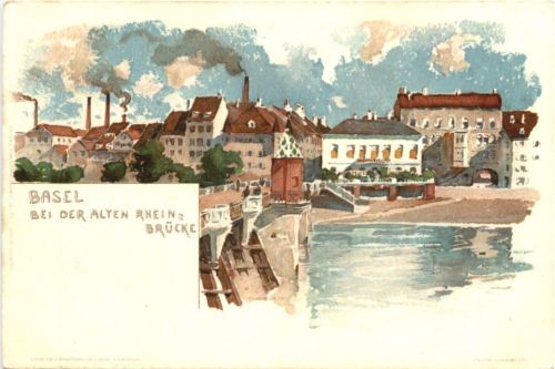 Basel - Bei der alten Rheinbrücke - Litho